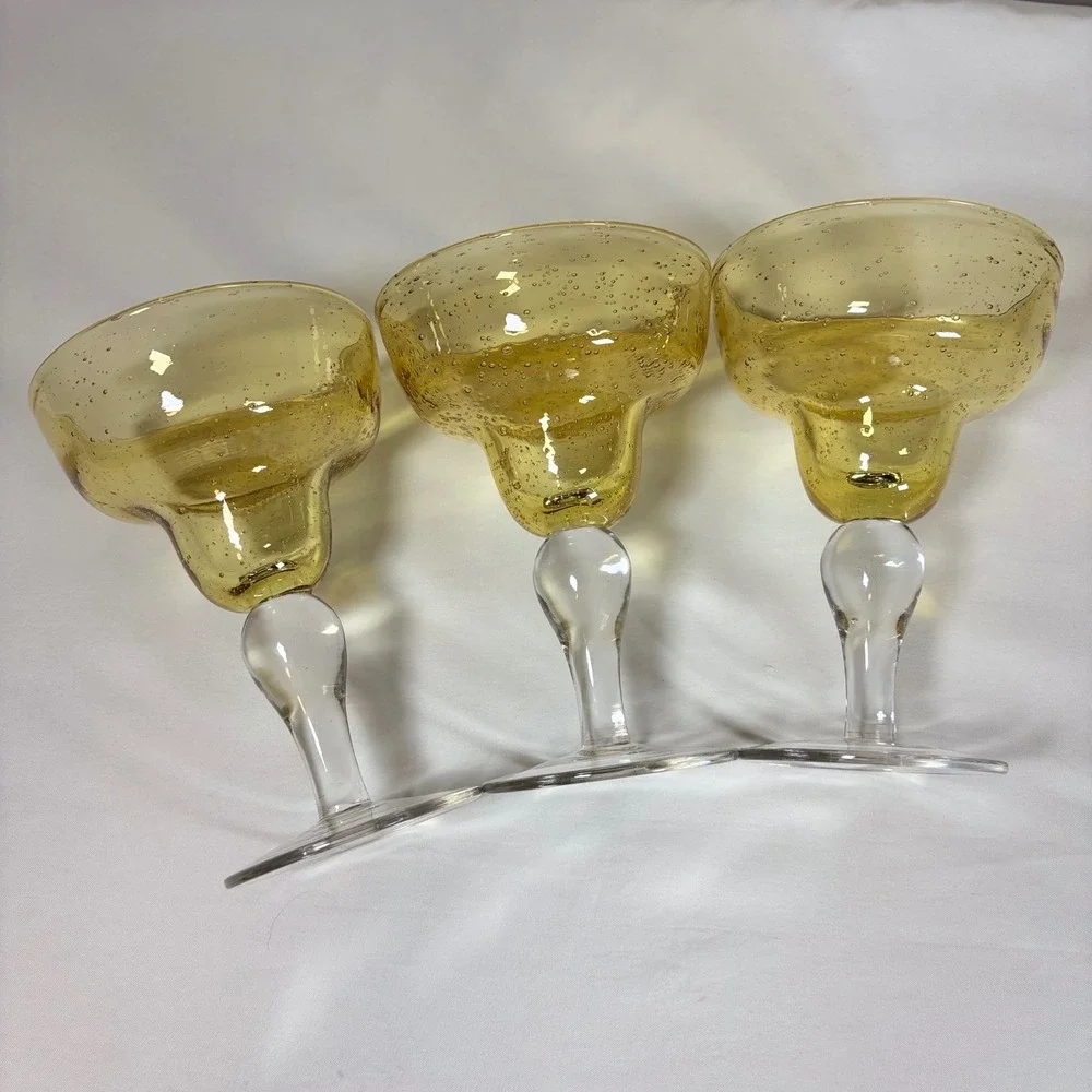 Amber Seeded Glass Margarita Glasses Set of 3 Hand Blown‎ Clear Stem 7 Inch